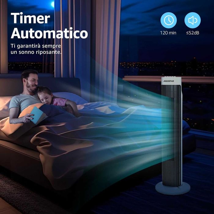 Ventilator turn Aigostar Ben 33JTS digital cu temporizator, 3 trepte de viteza, motor de 45 w, oscilatie automata de 85 grade