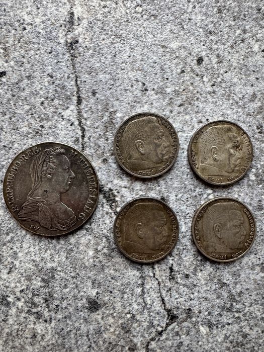 Lot monede vechi din argint – Maria Theresa Thaler + 5 Reichsmark 1936 – colecție