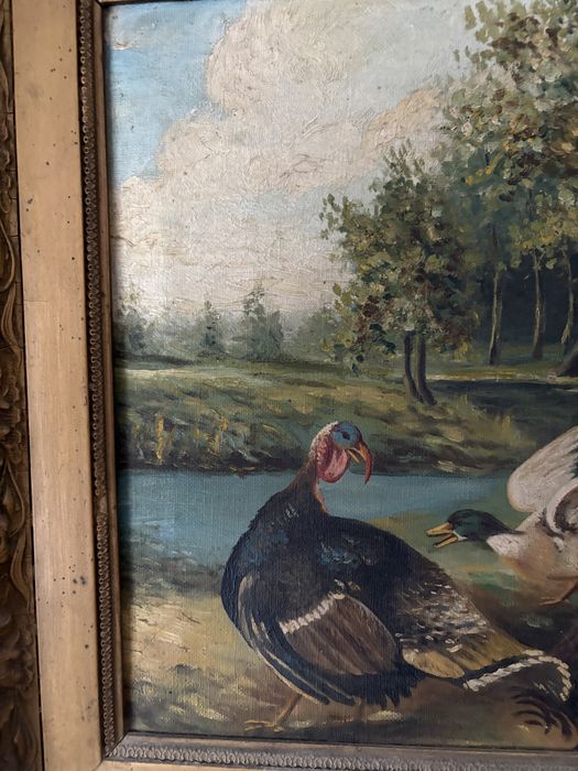 Tablou Vechi Pictură în Ulei pe Pânză Scena de Curte Paun Rama Baroca