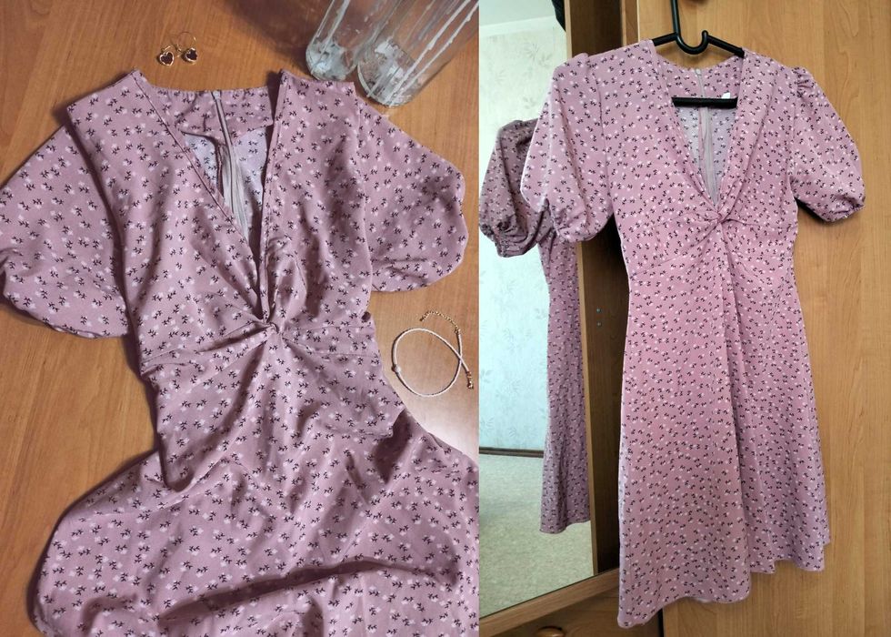 Майка черная вязанной текстуры, M, платье пыльно-розовое в цветочек, M