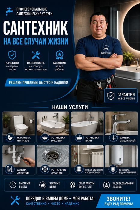 Сантехник Шымкент.Сантехник 24/7. Работаю сам !