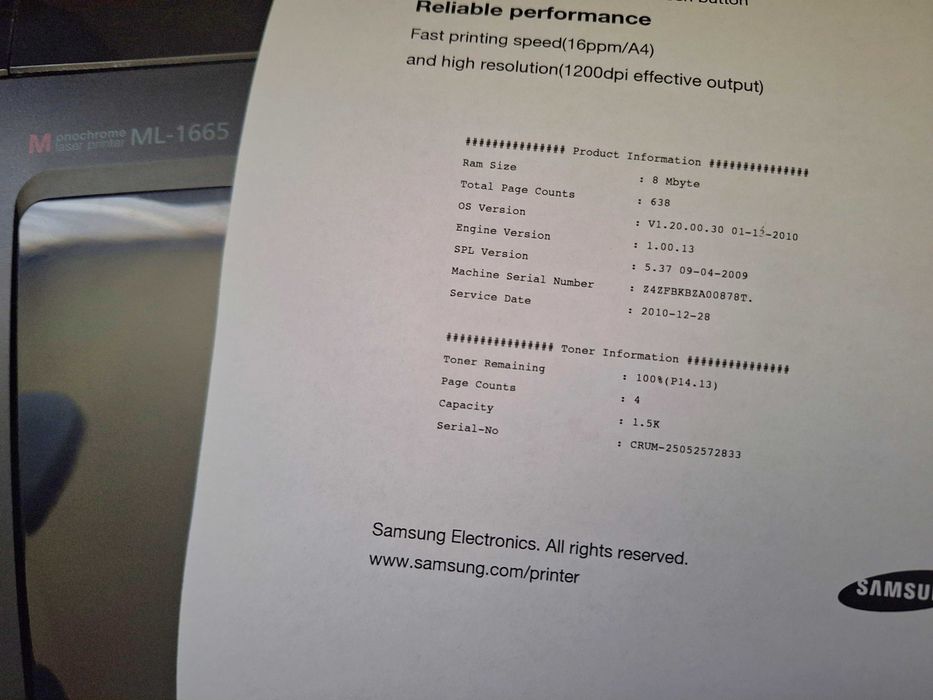 Imprimanta Samsung ML- 1665 monochrome laser printer toner nou 1500