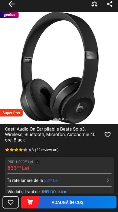 Beats Solo3, Wireless, Bluetooth, Microfon, Autonomie 40 ore, Black