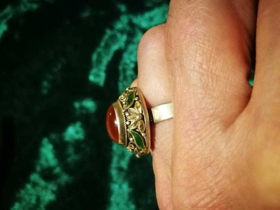 inel vintage china, argint, carneol, email