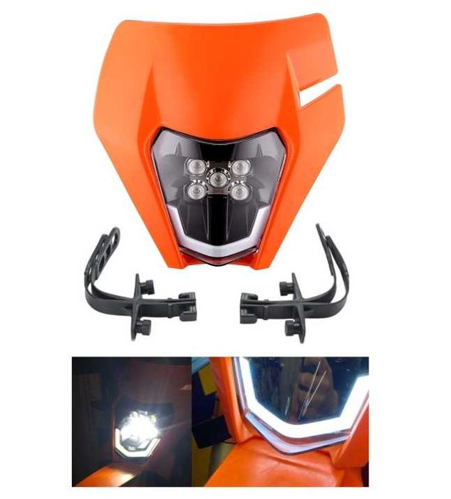 Маска с LED Фар за мотор, мотоциклет Оранжева с къси и дълги светлини - Универсален модел за ENDURO / Trail / Streetfighter