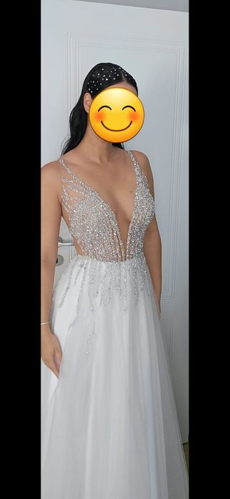 Rochie lunga din tul cu broderie manuala cu elemente Swarovski