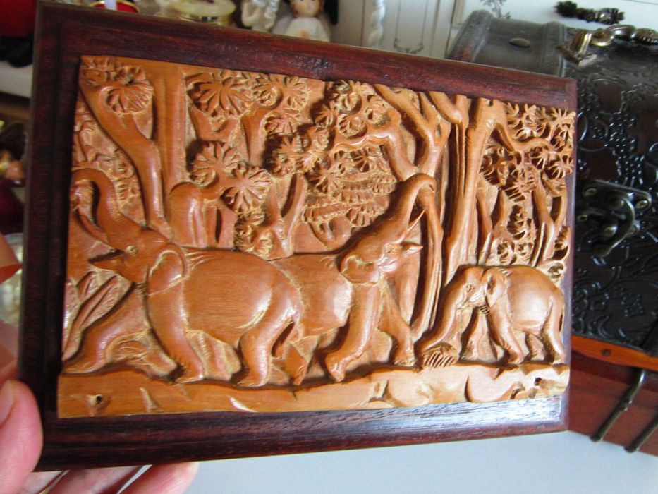 rar Frăția elefantilor tablou 3D sculptura lemn 20,5 x15cm Bali 1980
