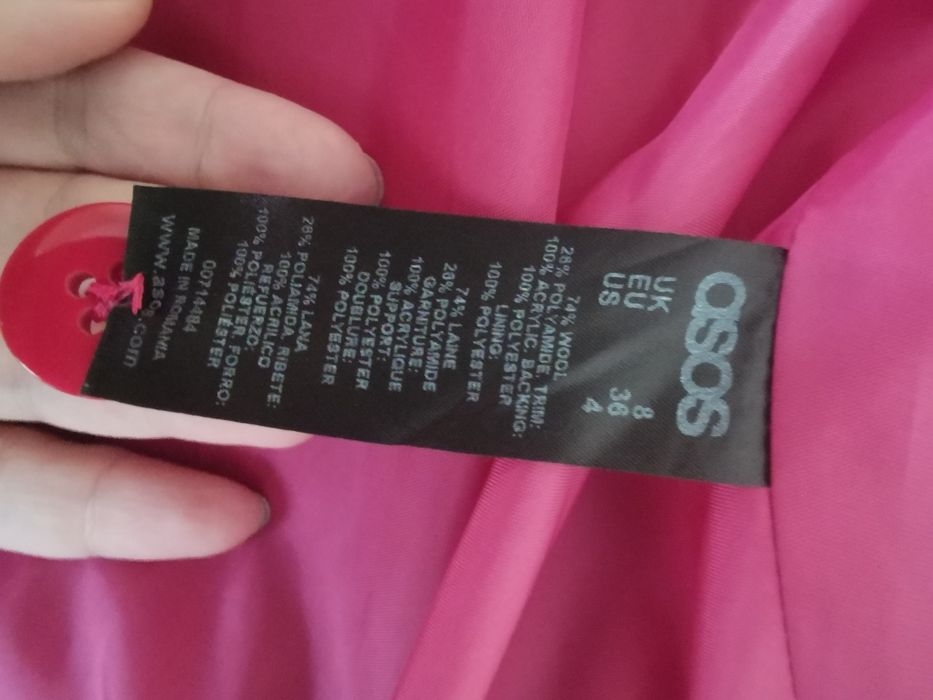 Palton Asos 74% lana roz cu blanita