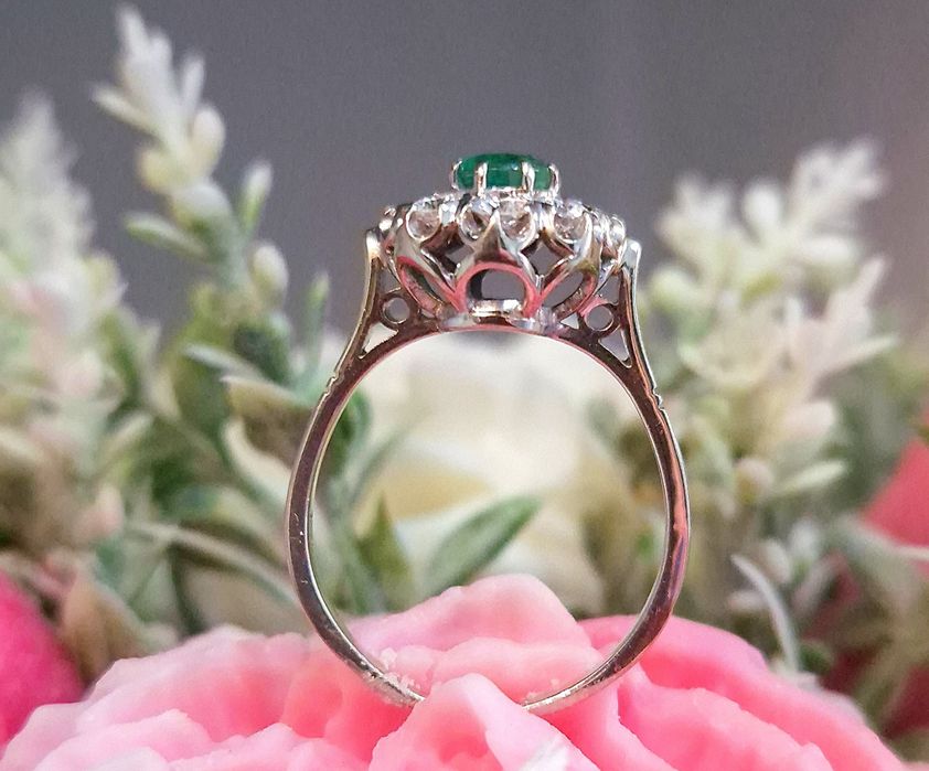 Inel din perioada edwardiana din aur de 14K cu smarald si diamante naturale