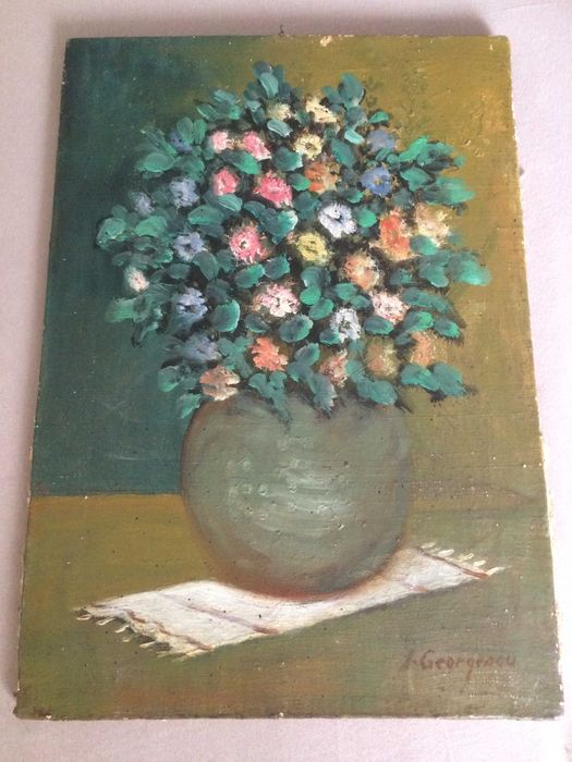 Pictura an ulei pe panza semnat vechi bibelouri bibelou