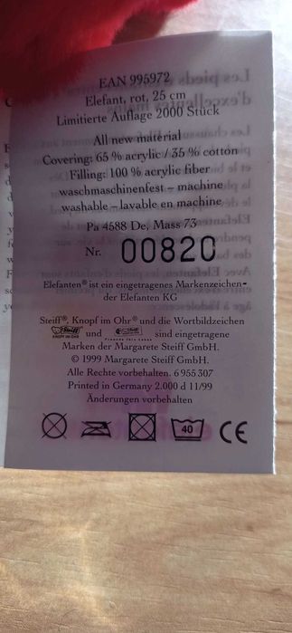 Steiff червен слон, лимитирано рядко издание за колекция