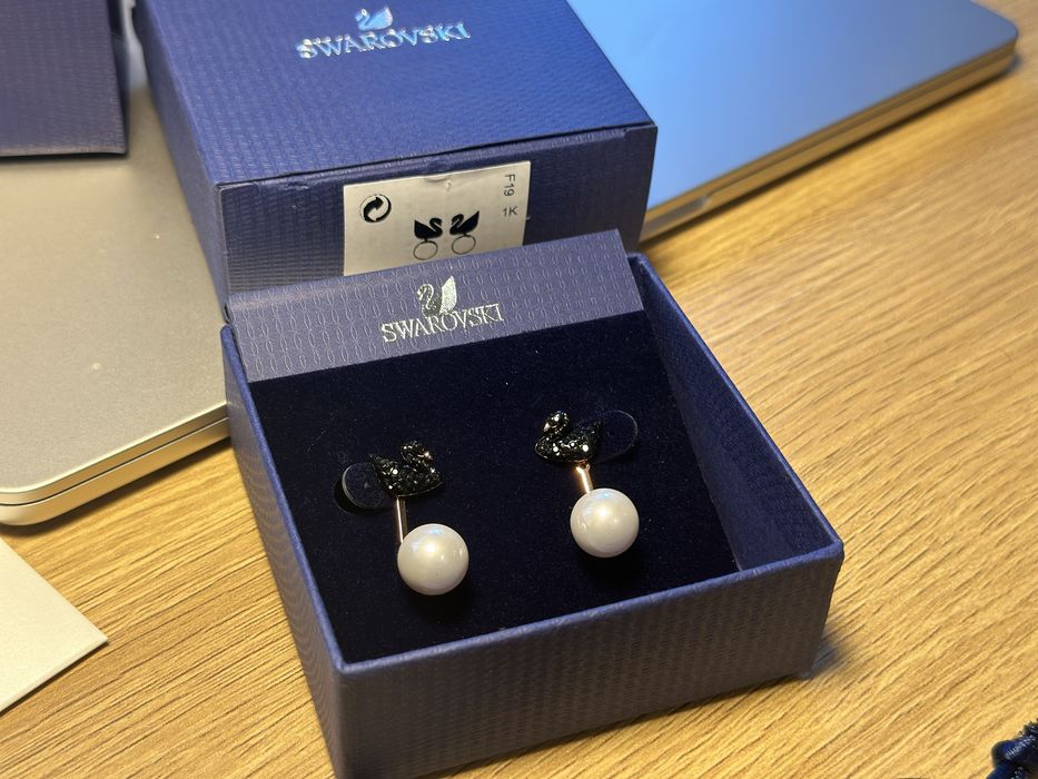 Cercei Swarovski swan lebada, detasabil, negru