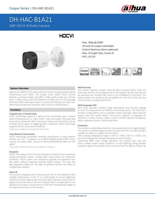 Клас на защита IP67 Водоустойчива Камера DAHUA HAC-B1A21 2MPX FULL HD HDCVI AHD HDTVI -40°С Работна Температура 1/2.7" CMOS HD-AHD HD-CVI HD-TVI PAL