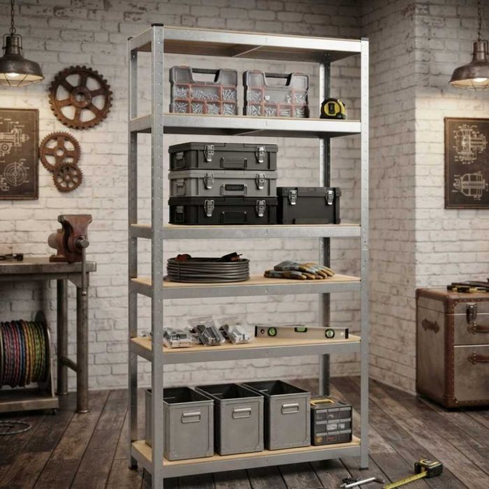 Метален стелаж с 5 рафта – 875 кг товароносимост, 180 × 90 × 30 см, сребрист