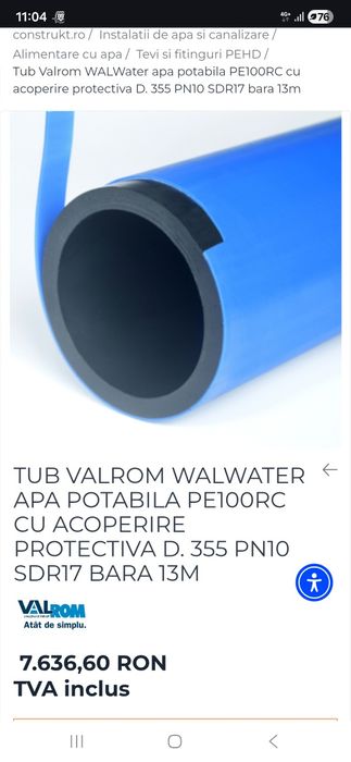 Țeavă din polietilenă de înaltă densitate PE100, Dn 355 mm, PN10, SDR17, cu strat protector PP