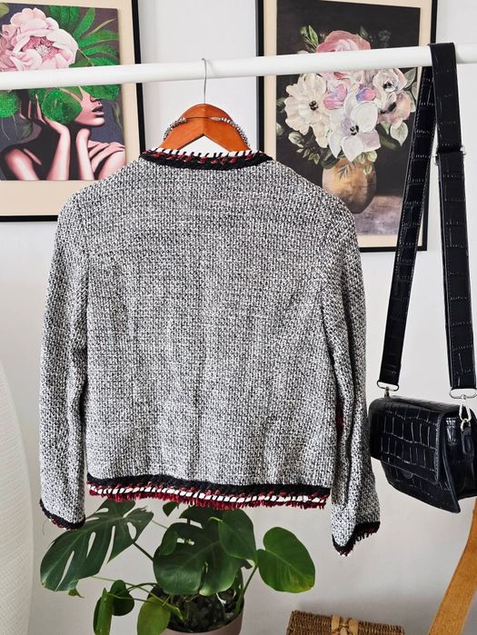 Sacou ZARA - Tweed, XS Alb/Negru cu franjuri roșii