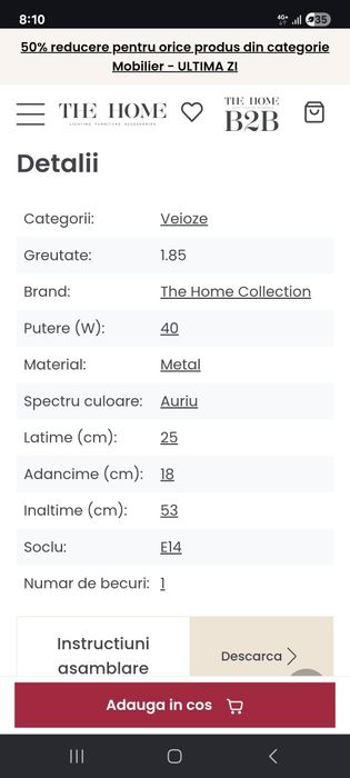Veioza aurie eleganta din metal 53 cm Horn The Home Collection