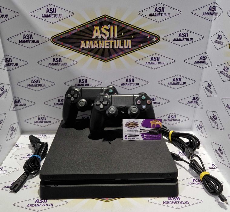 Asii Amanetului - Consolă Sony PlayStation PS4 Slim de 1TB Model (CUH-2115B) cu 2 manete cu cablu de alimentare, HDMI si incarcare manete
