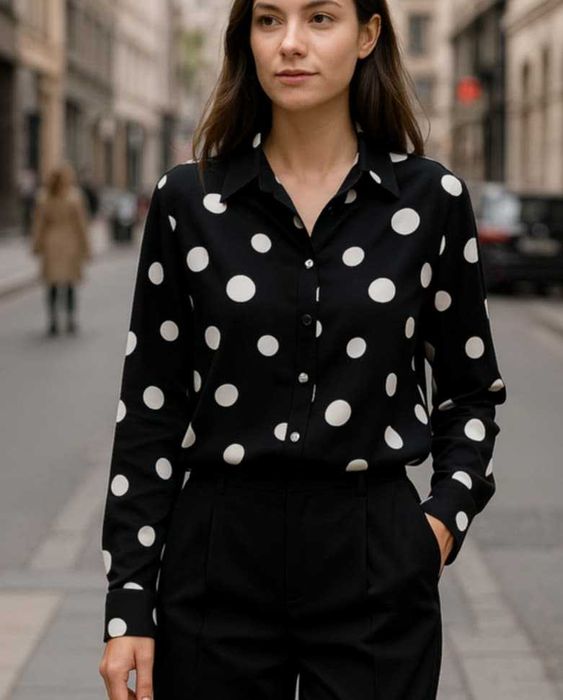 Сатенена риза на точки с дълъг ръкав