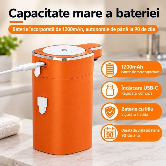 Dozator Automat de Sapun SPUMA CerCip M20, REINCARCABIL, Capacitate 420ml, Încarcare USB, Baterie 90 zile, Touchscreen, Senzor Infrarosu, Prindere de perete sau direct pe blat, Afisaj Digital, Culoare Portocaliu