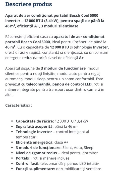Aer conditionat mobil Bosch Cool 5000, 12.000 BTU