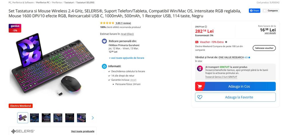 Set Tastatura Mouse Wireless RGB Seleris - Reincarcabil Gaming/Office