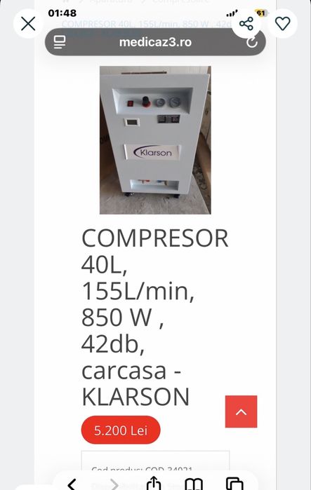 Vand compresor silentios, fara ulei, 850w 165/min 40l