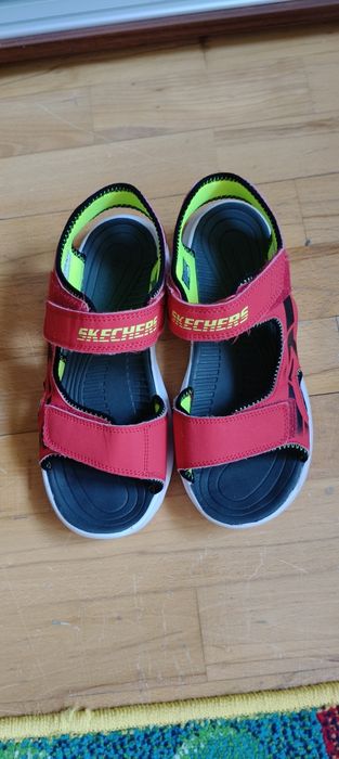 Skechers, Sandale cu inchidere velcro si detalii logo, Rosu, Bleumarin, 37 EU
