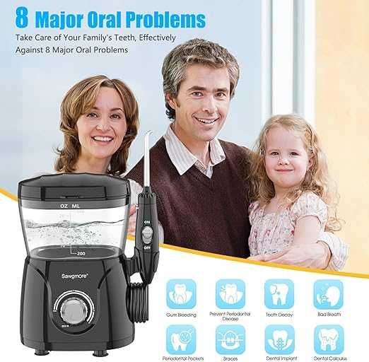 Зъбен душ Sawgmore 166-b, 8 приставки, 10 степени, 600 ml, черен