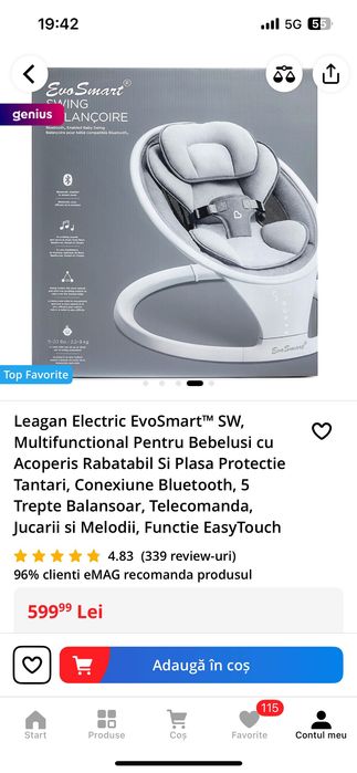 Leagan Electric Multifunctional Pentru Bebelusi cu Acoperis, Rabatabil