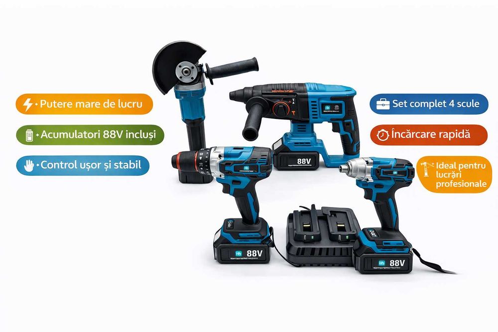Set 4 Scule Electrice 88V Flex Bormasina Rotopercutor Impact
