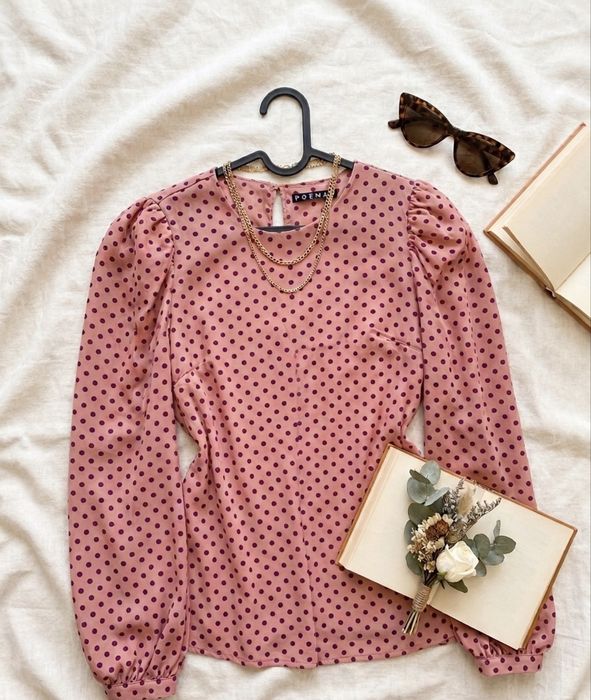 Bluză Poema elegantă roz prăfuit cu buline mov, mărime 38,