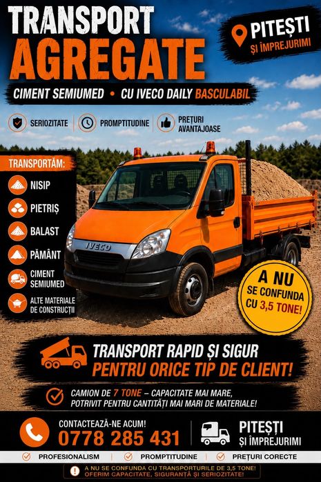 Transport agregate,inchiriere miniexcavator,mranita(balegar 3-4ani)ciment  semiumed cu basculabilă 7 tone – Pitești