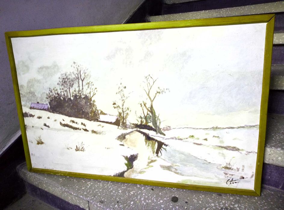 Стара Авторска Българска МАСЛЕНА КАРТИНА Зимен Пейзаж 80/50см