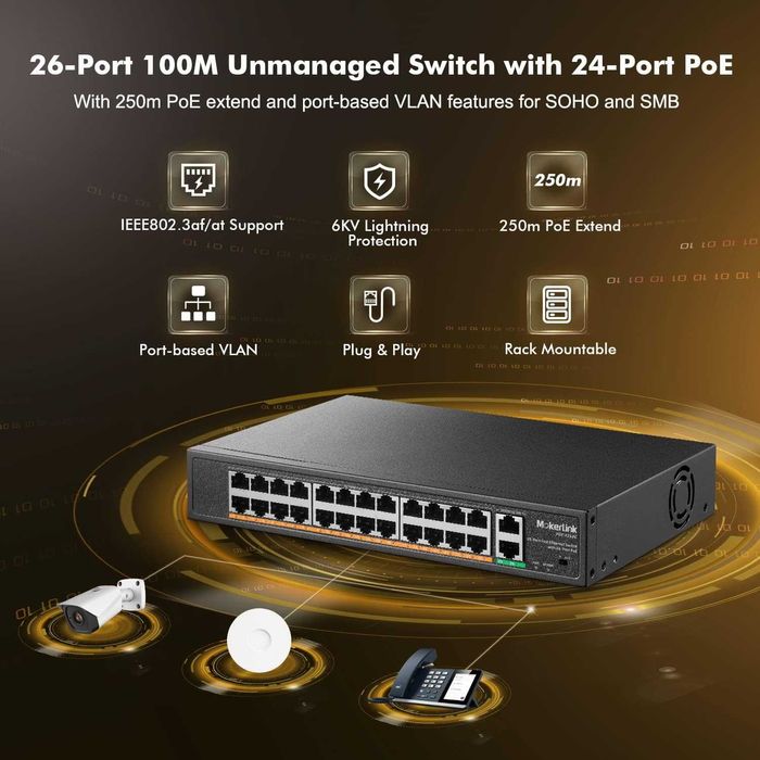 Switch MokerLink PoE-F242G 24 port 2 port Gigabit Uplink Ethernet putere 400W suport IEEE802.3af/at montare în rack,PoE+ Plug and Play negestionabil