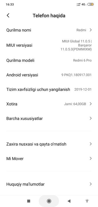 Redmi 6 pro 4-64 xotira
