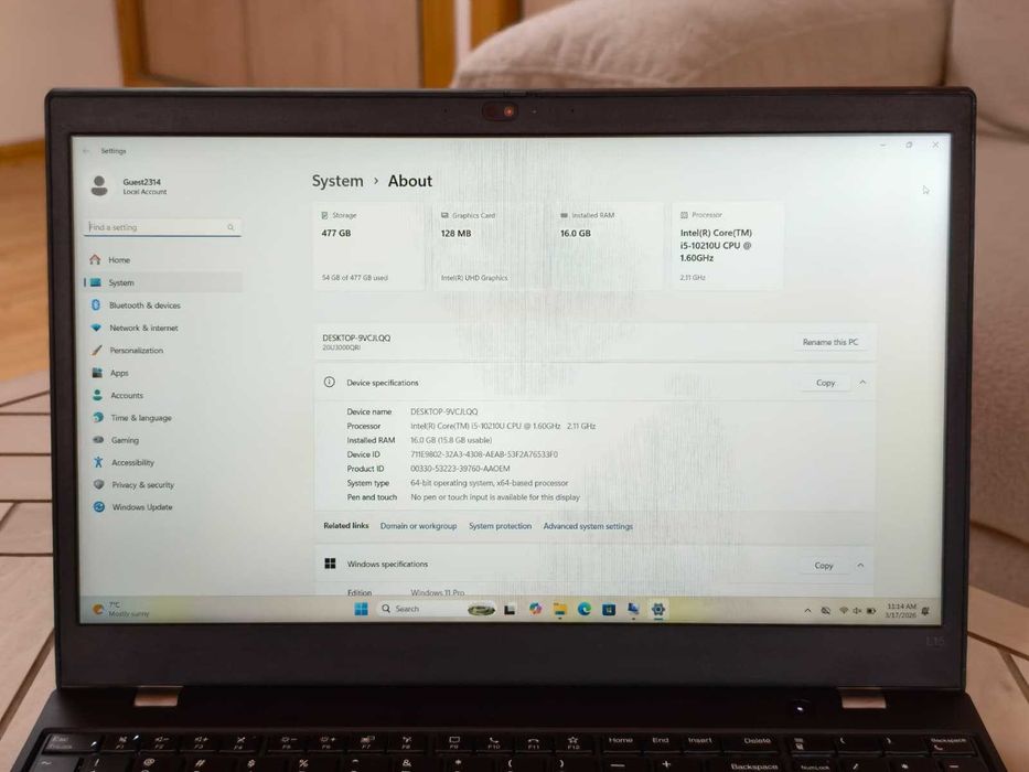 Laptop Lenovo ThinkPad L15 Gen 1 – i5-10210U, 16GB RAM, 512 SSD