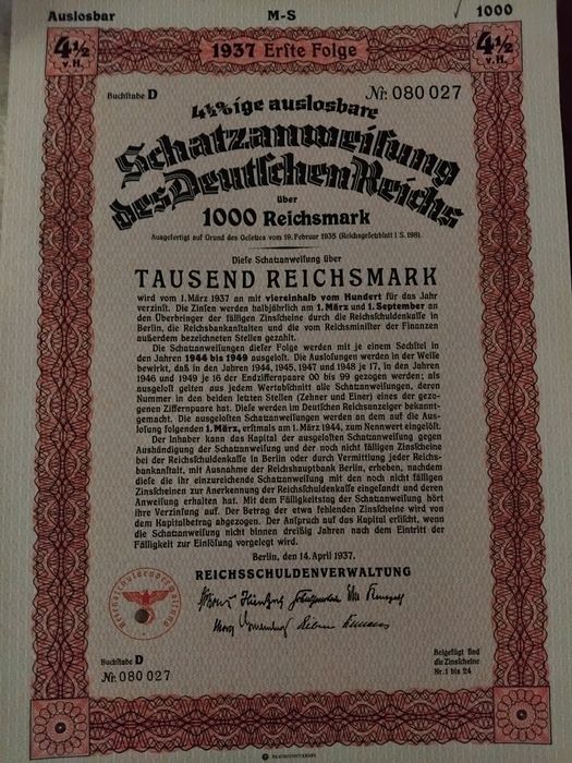 1000 рейхсмарок 1937г.