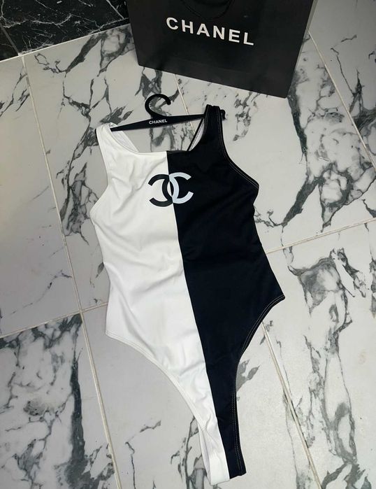 цял бански шанел черен бял боди лукс топ chanel