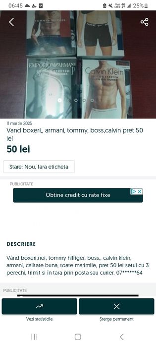 Vând boxeri, tommy, armani, noi 3 pe set pret 50 lei