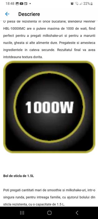 Blender  1000w display LCD cu functie zdrobire gheață