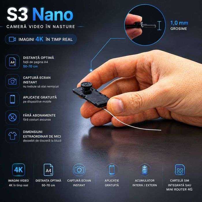 Casca de copiat cu Camera Video in Nasture iCheat S3 Nano Nou 2026
