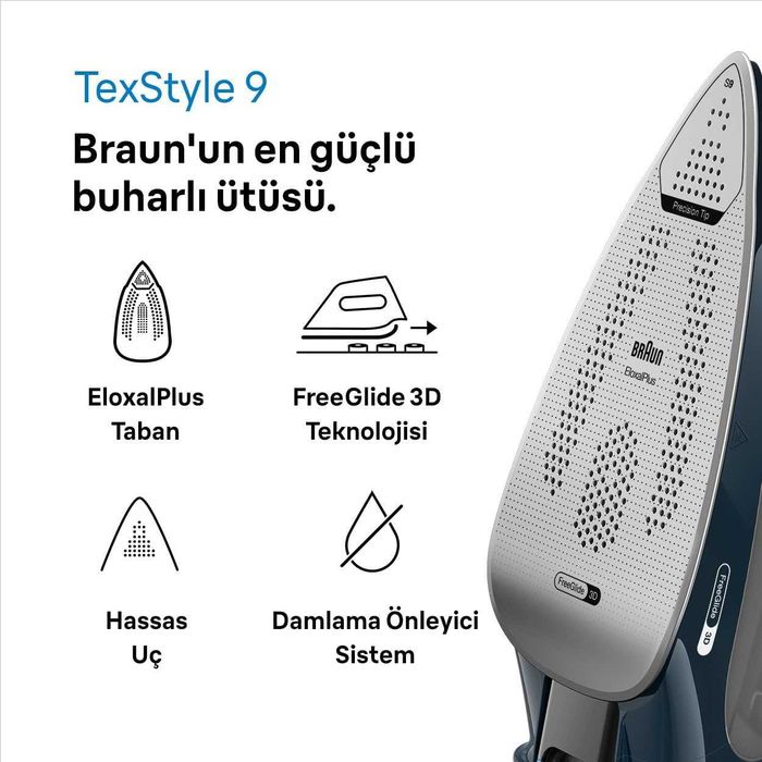 Ютия Braun TexStyle 9 SI9682DB, 0127409002, 3200 W, Променлива пара 60 гр/мин, Парна струя 260 гр/мин, Резервоар 330 мл, FreeGlide 3D технология