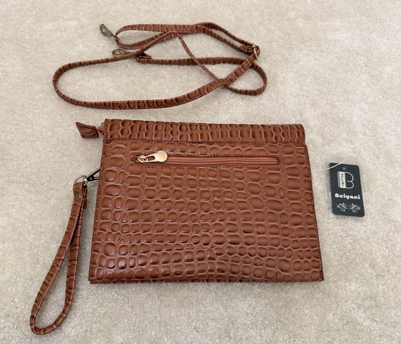 Geanta de umar/ crossbody Beiyani - piele ecologica croco, maro/cognac