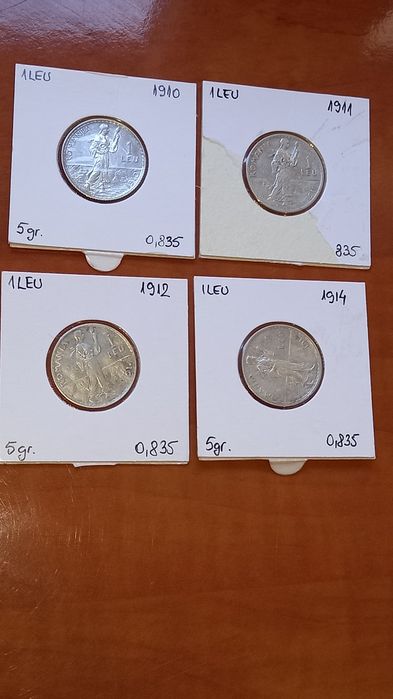 Vand 4 monede argint de 1 leu ani 1910, 1911, 1912 și 1914, infoliate,stare f buna