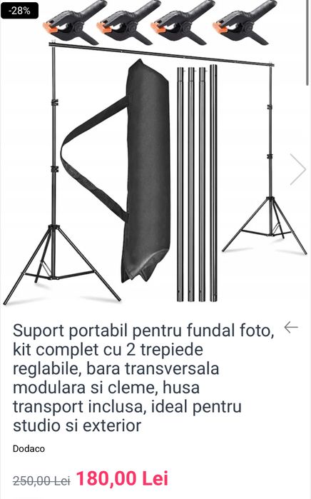 Set nou suport fundal studio, include 2x trepiede, 4 țevi orizontale si cleme prindere textil