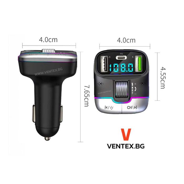 Bluetooth 5.4 FM трансмитер за кола с USB порт и бързо зареждане