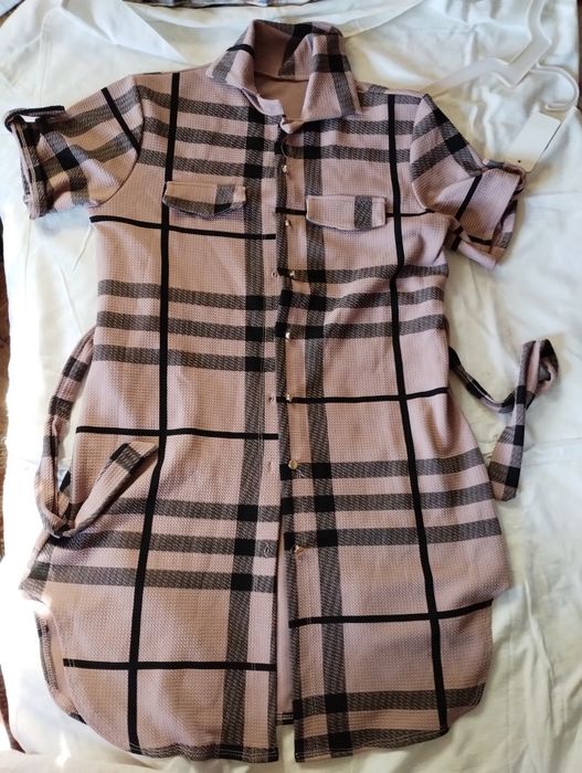 Rochie Cămașă Italy Moda în Carouri Roz Prăfuit