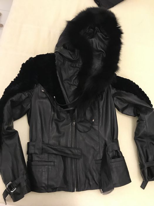 Geaca cu cordon in talie piele plus blana naturala