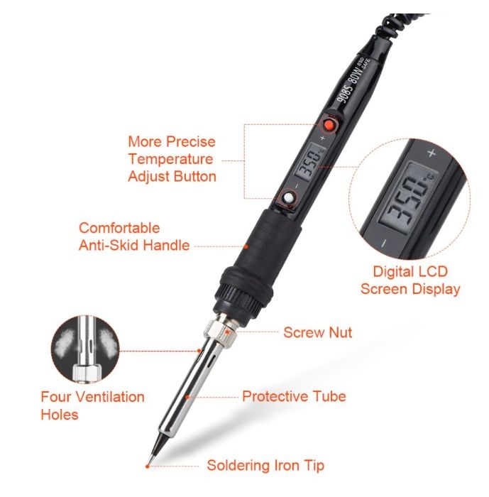 Поялник 80W с електронен терморегулатор 180-500 градуса + накрайници